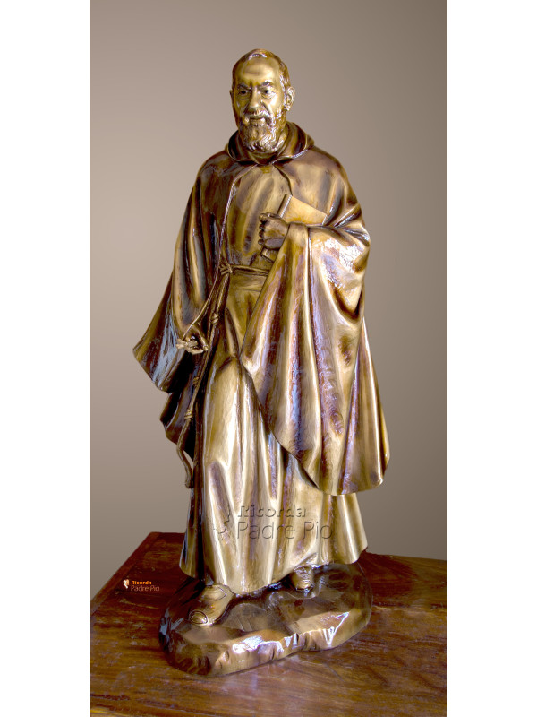 Statua Padre Pio con mantello, 85cm effetto bronzo.