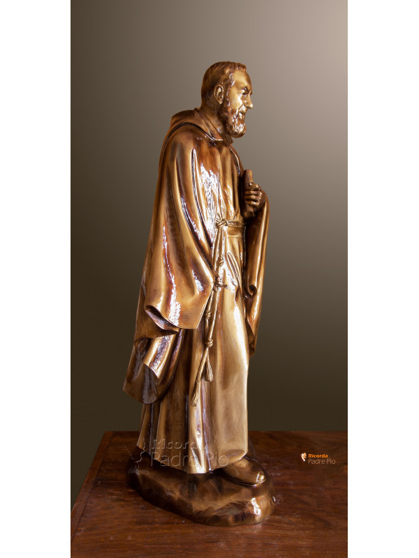 Statua Padre Pio con mantello, 85cm effetto bronzo.