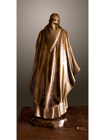 Statua Padre Pio con mantello, 85cm effetto bronzo.